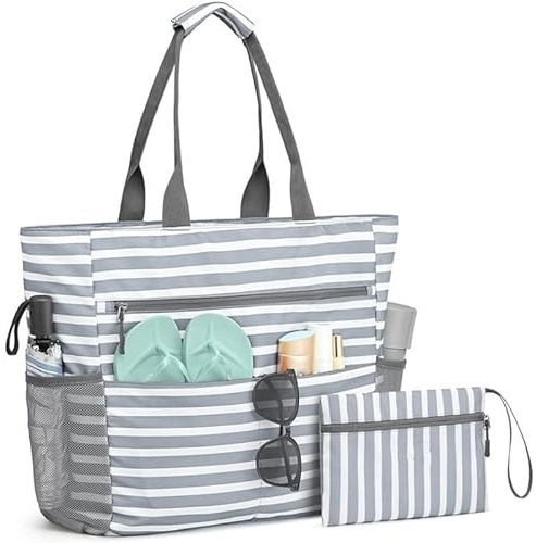 BRAVECOW Strandrucksack XXL Familie,35L Große badetasche,Badetasche wasserdicht,Faltbar Damen Strandtasche Für Reisen Einkaufen Strand Pool (1, Grau, 40.5 * 17 * 39cm)