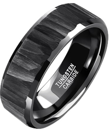 TUNGSTORY Wolframkarbid Herrenring Hammered - Schwarz Silber Goldene Kratzfest Ehering Hochzeit Geschenk für Ihn Komfortring
