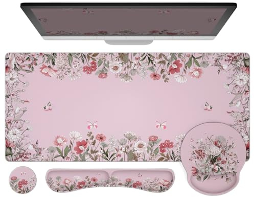 Ovenbird Mouse Pad Set 4-in-1 | Large Gaming Mousepad, Keyboard Wrist Rest, Mouse Wrist Support, Coaster | Ergonomic Office Desk Mat Accessories for Women Men | 4PCS, 35.4 x 15.7in, Pastel Pink Floral