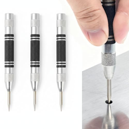3 PCS Automatic Center Punch Metal Hole Punch Hand Push Tools 5 Inch Heavy Duty Steel Spring Punch Tool Adjustable Tension Rustproof Polished Round Head Suitable for Glass Wood Thin Steel Sheets