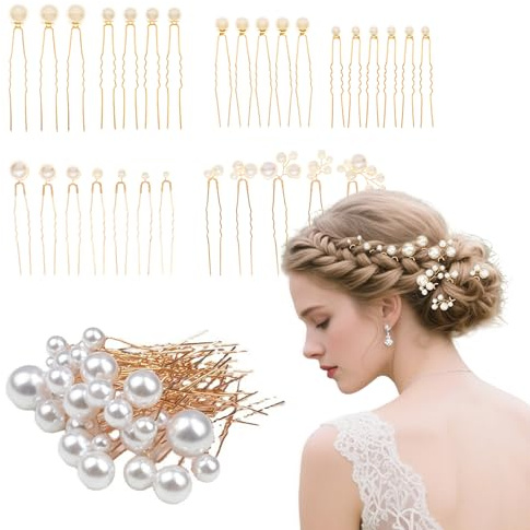 MSLSOZ Juego de horquillas de perlas, 30 piezas de horquillas para el cabello, horquillas en forma de U con perlas para boda, múltiples tamaños, decoración dorada elegante para novia, damas de honor