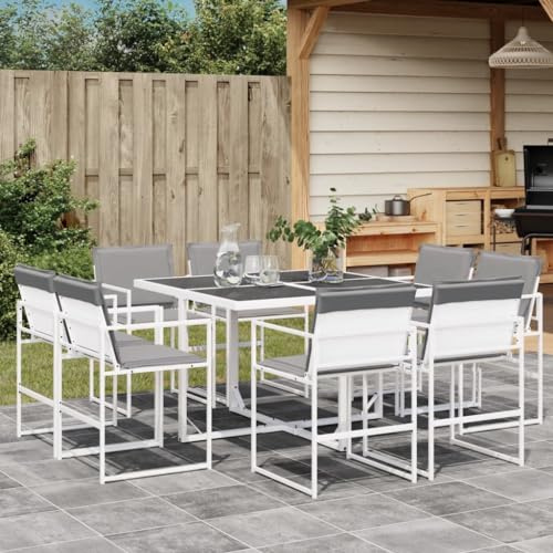 QJBSAVVA 9-TLG. Garten-Essgruppe Weiß klappbar 110 x 107 x 72 cm Textilene & Stahl Sitzgruppe für Balkon, Terrasse und Garten mit platzsparendem Design