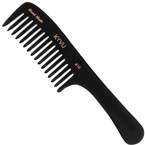 KYVU B18 mild glidkam med handtag – handgjord bred tandad stylingkam för känsliga hårbotten – 22 cm – cellulosaacetat, svart finish