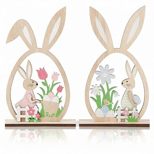 VgxRolq 2 Stück Osterhase Deko Holz, Süße Osterdeko Figur für Tisch & Fensterbank - Ostern Deko Frühling Wohnzimmer Accessoire als Geschenk für Kinder Frauen