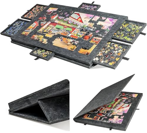 1500/1000 bitar lutande pusselbräda, 2-i-1 designad hopfällbar stativ och lock Lättviktsfilt-sticksågsbräda, bärbart pusselbord med 6 lådor för vuxna black 1000