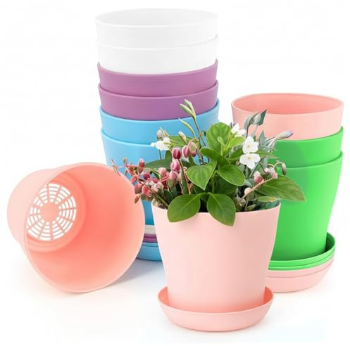 HoveeLuty Confezione da 10 vasi per piante in plastica, vasi da fiori carini da 4 pollici per interni con piattini per piante grasse, erbe, mini - Set di fioriere in resina colorata da fiori
