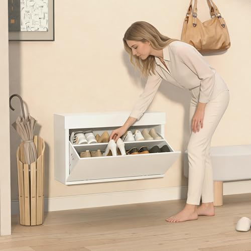 VEEHAUS Schuhschrank Metall Wandmontage, 1 Klappe, Große Größen 35-47 | Nur 25 cm tief, Stapelbar & kombinierbar, Pulverbeschichteter Stahl, Anti-Kipp-Sicherung