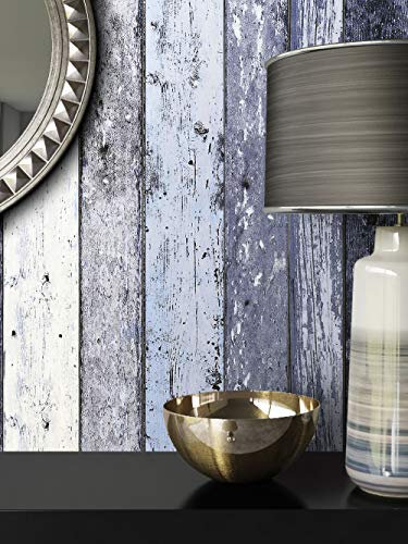 NEWROOM Papier peint bois Bleu Poutre en Bois Bois Maison de Campagne Intissé Blanc Vintage Bandes Shabby Chic