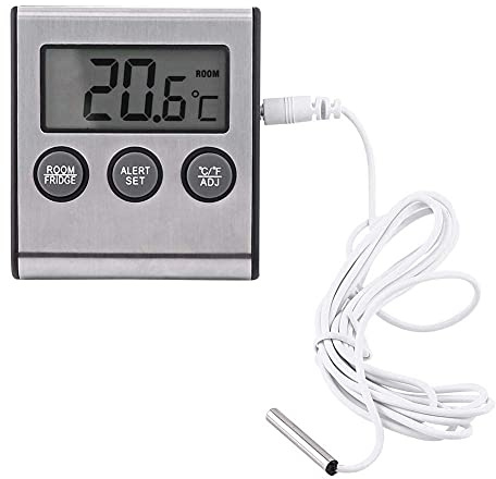 Aramox Digital LCD Refrigerator Thermometer with Wire Sensor and Probe, -50°C to 70°C Range, Temperature Alarm, Stainless Steel, 7.2x6.5x1.7cm