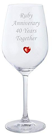 Chichi Gifts Ruby Anniversary 40 Years Together Pair of Dartington Crystal Wine Glasses with Red Heart Gem