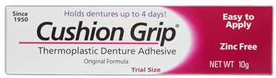 Cushion Grip Thermoplastic Denture Adhesive, 0.35 oz (Travel Size) | Refits and Tightens Loose Dentures for Up to 4 Days | Non-Glue, Zinc-Free, Waterproof Formula, Acts Like a Soft Reliner