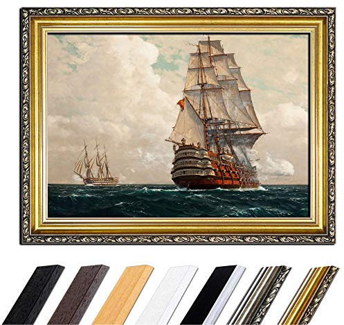 Bilderdepot24 Bild mit Rahmen - Michael Zeno Diemer Schiff auf dem Meer 50x40 cm - Gerahmtes Leinwandbild Alte Meister - Antiker Rahmen Gold Barock, Klassisch