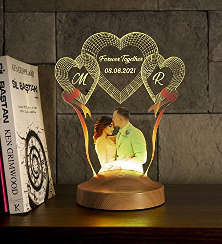 Geschenkelampe Fotogeschenk Personalisierbar mit eigenem Foto und Text in 3D Bilder Led Motiv Lampe gravieren hochzeit Herz (Jahrestag Fotolampe)
