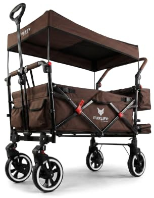 FUXLIFE FX-CT850 | Comfort Foldable Kids Wagon with Sun Canopy, Sprung Wheels, Extended Padded Seat, Heavy Duty Folding Wagon with Rear Storage Bag | Brown