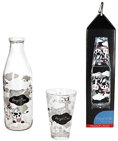 MamboCat Milchflaschen Set Angel Cow I Flirt Milchglasflasche 1 Liter mit Schraubverschluss und 310 ml Trinkglas mit Motiv I Designer Weithalsflasche Trinkflasche I Leere Flasche zum Befüllen 1000ml