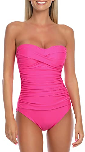 RELLECIGA Women's Tummy Control One Piece Swimsuit Bandeau Strapless Ruched Bathing Suits(Neon Rose,Large)