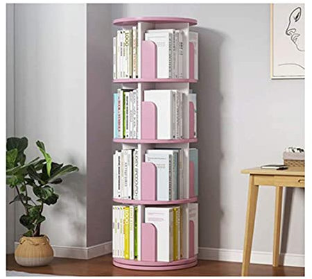 LYLFF 4-Lagen 360 ° Rotierende Kinderbücherregale Lagerregal CD-DVD. Rack/Magazin-Bildanzeige Rack, Home Office Wohnzimmerstudium Lagerung (Color : Pink, Size : 46×46×129cm)