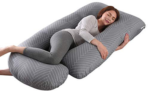 SHANNA Körperkissen für Erwachsene, Schwangerschaftskissen, Seitenschläferkissen, J-förmiges Schwangerschaftskissen, Stillkissen mit Abnehmbarem und Waschbarem Bezug, 70 * 145CM (Grau gestreift)