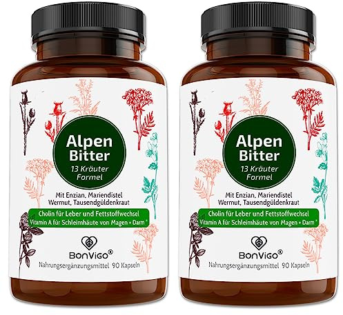 BonVigo® AlpenBitter – 13 Kräuter Bitterstoffe Formel mit Mariendistel, Enzian, Wermut & Löwenzahn – Cholin unterstützt Leberfunktion & Fettstoffwechsel – Nach altem Klosterrezept – 180 Kapseln