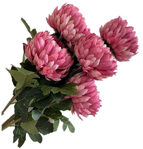 Gladiolus garden Künstliche runde Ananas-Chrysanthemen-Zweige mit grünen Blättern, künstlicher großer Callistephus Chinensis für Blumenarrangement (tiefrosa), 5 Stück