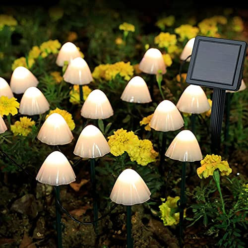 Joycome Garden Ornaments Solar Powered 5M 20 LED Mushroom Solar Lights, Waterproof Decorative Mushroom Fairy Garden Lights for Pathway Landscape Fence Lawn Halloween Decorations (Warm White)
