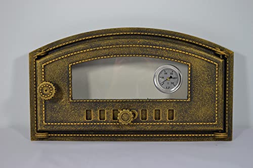 SEZAM Backofentür aus Gusseisen mit Thermometer 500°C,hitzebeständige Glasscheibe, nach rechts öffnend, Pizzaofentür - Brotofen - Steinofentür, 48,5 x 6,5 x 27,5 cm - halbrund, altgoldfarbene Bemalung