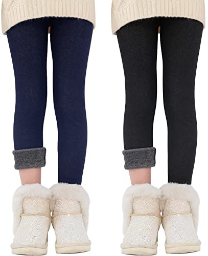 XPXGMT 2-pack tjock vinter bomull fleece fodrade flickor leggings 4–10 år, Jeans blå + jeans svart, 6-7 år