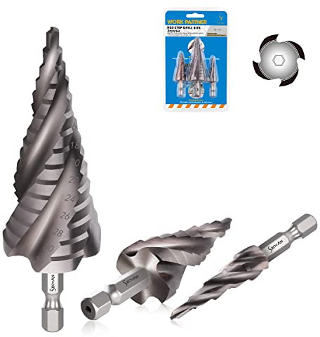 3PCS HSS Spiral Step Drill Bit Sets, SS SHOVAN 4-Flute Metal Drill Bits, 1/4 Hex Shank, Metric 4-32mm Cone Cutter, Hole Cutter for Sheet Metal, Plastic, Steel Plate