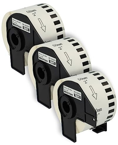 vhbw 3x Etiketten-Rolle mit Halter 50mm x 30,48m (1 Etikette) kompatibel mit Brother PT QL-1110 Series Etiketten-Drucker - Premium Weiß