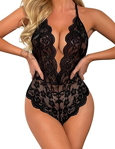 ROSVAJFY Women's Lace Bodysuit Sexy Lingerie One Piece Teddy Underwear Deep V Transparent Bodysuit Halter Leotard Naughty Sleepwear Backless Negligee for Valentine’s Day (Black)