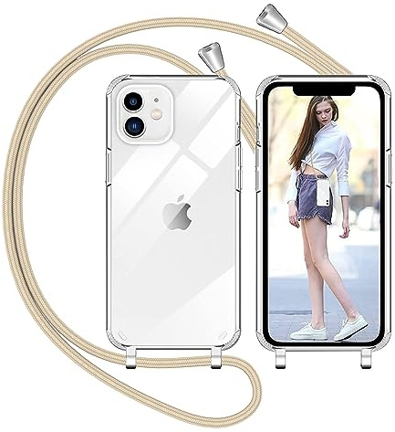 Nupcknn Handykette Hülle für iPhone 12 Mini Hülle TPU Bumper+PC Back Necklace(abnehmbar) Transparent Hülle mit Kordel zum Umhängen Handy Schutzhülle mit Band (Gold)