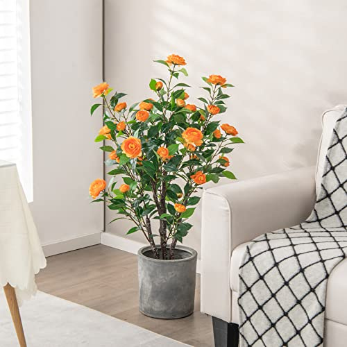 TANGZON Artificial Camellia Tree, 102cm Faux Topiary Plant with 37 Flowers, Pebble & Cement Pot, Indoor Outdoor Lifelike Artificial Plants for Home Office Garden Decoration