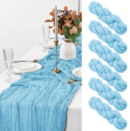 Lot de 6 Chemins de Table en Étamine Bleu Ciel, 3 m x 88,9 cm, Décoration de Table Rustique en Gaze Transparente pour Mariage, Fête