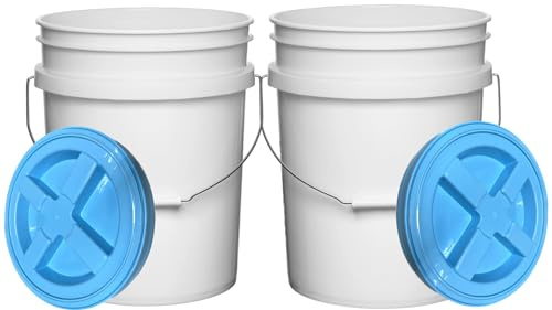 House Naturals Food Grade 5 Gallon Made in USA Plastic Bucket with Air Tight Screw on Lid (Pack of 2) (White Buckets with Aqua Lids)