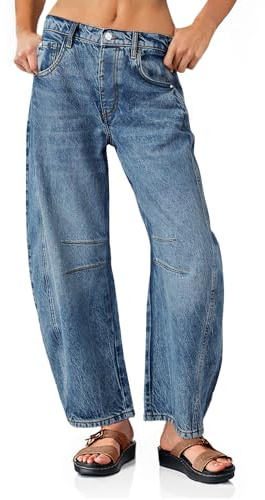 PLNOTME Dam säckiga pojkvänsjeans vintage breda ben medelhög midja tunna denim ankelbyxor, Tvätta blå, 36