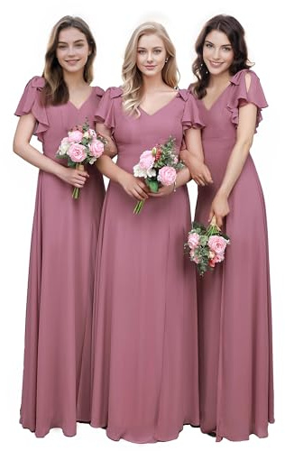 Ever-Pretty Bridesmaid Dresses Ruffles Sleeve A-Line High Split Chiffon Maxi Dresses Wedding Guest Orchid 14UK