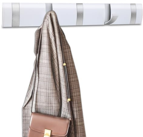 Kssvzz Garderobenhaken mit 5 Beweglichen Haken, Moderne Kleiderhaken Wand für Schlafzimmer Bad Küche, Weiß Garderobenleiste für Jacken, Mäntel, Schals, Handtaschen und Mehr