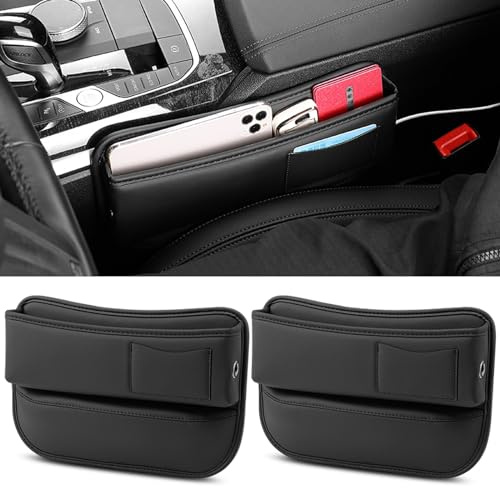 Tianher Auto Seitentaschen, 2 Stück Mittelkonsole Organizer aus PU Leder, Autositz Lückenfüller Catcher für Handys, Geldbörse, Karten (Schwarz)