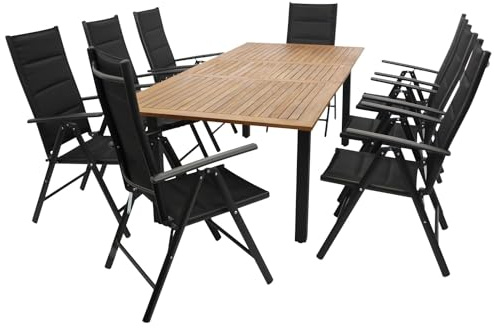 DEGAMO Gartengarnitur SARONNO 9-teilig, 8X Hochlehner Klappsessel anthrazit und 1x Ausziehtisch Aluminium mit Tischplatte Akazie 180/240x100cm, Outdoor