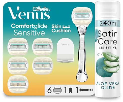 Gillette Venus ComfortGlide 5 Sensitive Rasierer Damen Set, Damenrasierer + 6 Rasierklingen + Satin Care Intimpflege Rasiergel mit Aloe Vera (240 ml) + Rasierhalter Dusche, Geschenk für Frauen