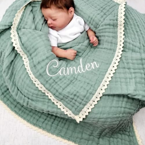 105 X 105 Cm Musselin-Babydecke, Personalisierte Namens-Wickeldecke, Luxuriöse Bestickte Babydecke für Babyparty-Geschenk (No Name)