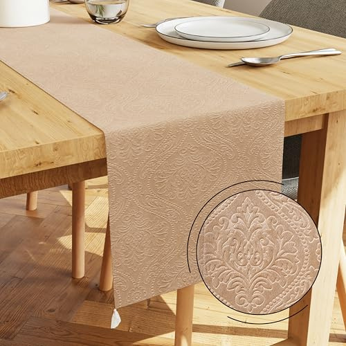 Encasa XO Caminero de Mesa | Terciopelo Grabado | Tamaño 32x150 cm | Color Beige con Poliéster de Primera Calidad - Lavable a Máquina