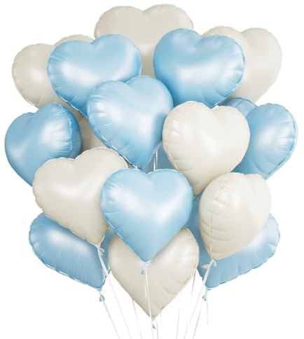 Herz Folienballon 24 Stück,Cremeweiß Blau Herz Helium Luftballons,Heliumballon Herzen,Herzluftballons,Herzform Folienluftballon Herzballons für Geburtstag Hochzeit Valentinstag