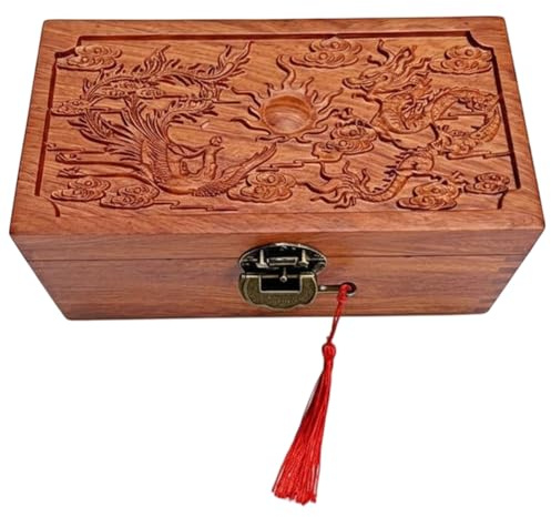 Tsffae Extra Große 19,5 cm Große Holz-schmuckschatulle Drachen Und Phönix, Mahagoni-birnenholz-schmuckaufbewahrung, Geschnitzte, Geprägte Halskettenschatulle, Dekorative Holzschatulle