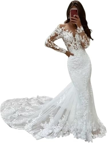 TSxuelian Vestido de novia de sirena de manga larga para mujer, vestido de novia de encaje con cola, C-blanco, 44