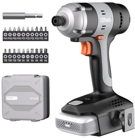 Litheli Trapano avvitatore a percussione, 1/4, attacco esagonale a batteria, con batteria da 20 V, 2,0 Ah, 180 Nm, 3000IPM, incluso LED, clip per cintura e 21 accessori