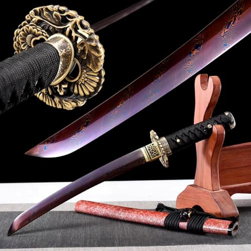 KWXPW 55cm Wakizashi,Musterstahl Stahl mit Handgebranntes Twist-Muster,Kupfer Tsuba,Holzscheide,Handgefertigtes Katana,Japanischer Samurai-Schwert für Geschenke,Dekoration,Sammlung,Cosplay,Festivals
