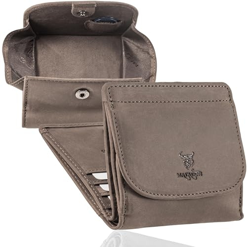 MATADOR Portemonnaie Herren Klein Leder Wien Mini Portemonnaie mit edler Geschenk Box, Eleganter Herren Kleiner Geldbeutel mit RFID Blocker, Luxus Brieftasche Mini mit vielen Fächern in Grau