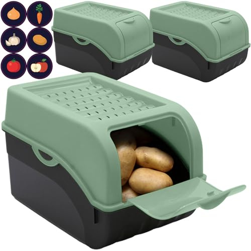 ARTECSIS® 3 x Kartoffel Aufbewahrungsbox mit Deckel für 4 kg Kartoffeln (salbeigrün) - Vorratsbehälter & Vorratsdosen Gemüse & Lebensmittel - Kartoffelbox, Zwiebelbox, Gemüsebox (inkl. 6 Aufkleber)