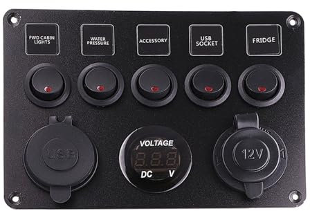MUEOSI Lot de 10 Panneaux de Commutation étanches 5 Gangs, for Voiture, Bateau, Yacht, Caravane, Camion, avec voltmètre, Double Prise USB 12-24 V, Ensemble d'accessoires Tableau électrique(Red 10PCS)
